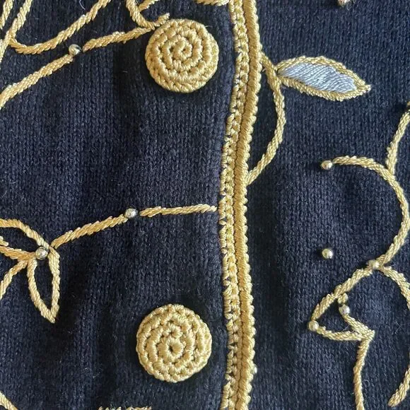 Vintage 1998 Michael Simon Christmas Cardigan Womens L Black Gold Trim Beaded - Picture 8 of 14